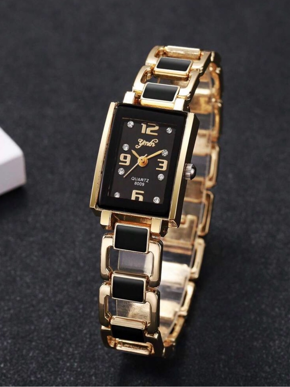 Gold and Black Rectangular Bracelet Watch